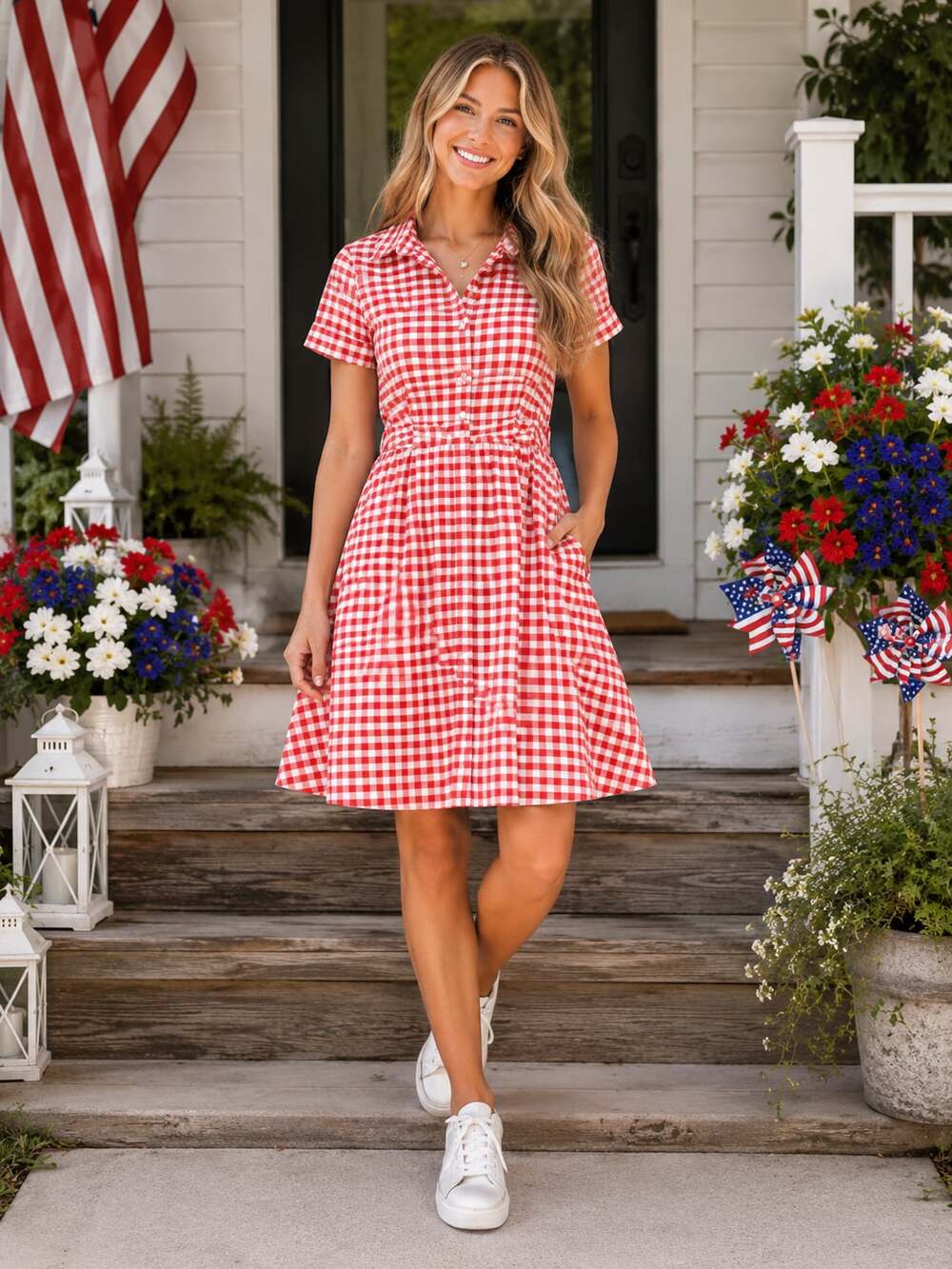 Gabby Skye Red White Gingham Button Front Shirt Dress Fit & Flare Women’s 8